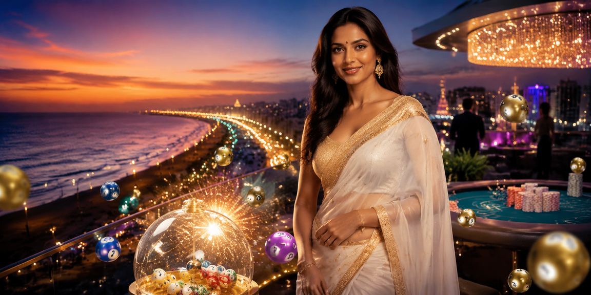 Woman playing rummy online on mobile in Chennai with Marina Beach background